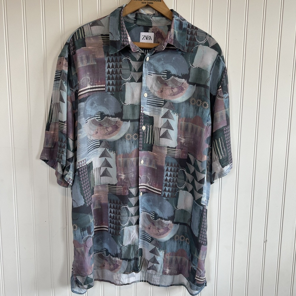 Zara Men's Large Short Sleeve Abstract Art Button Down Shirt Silk Like‎